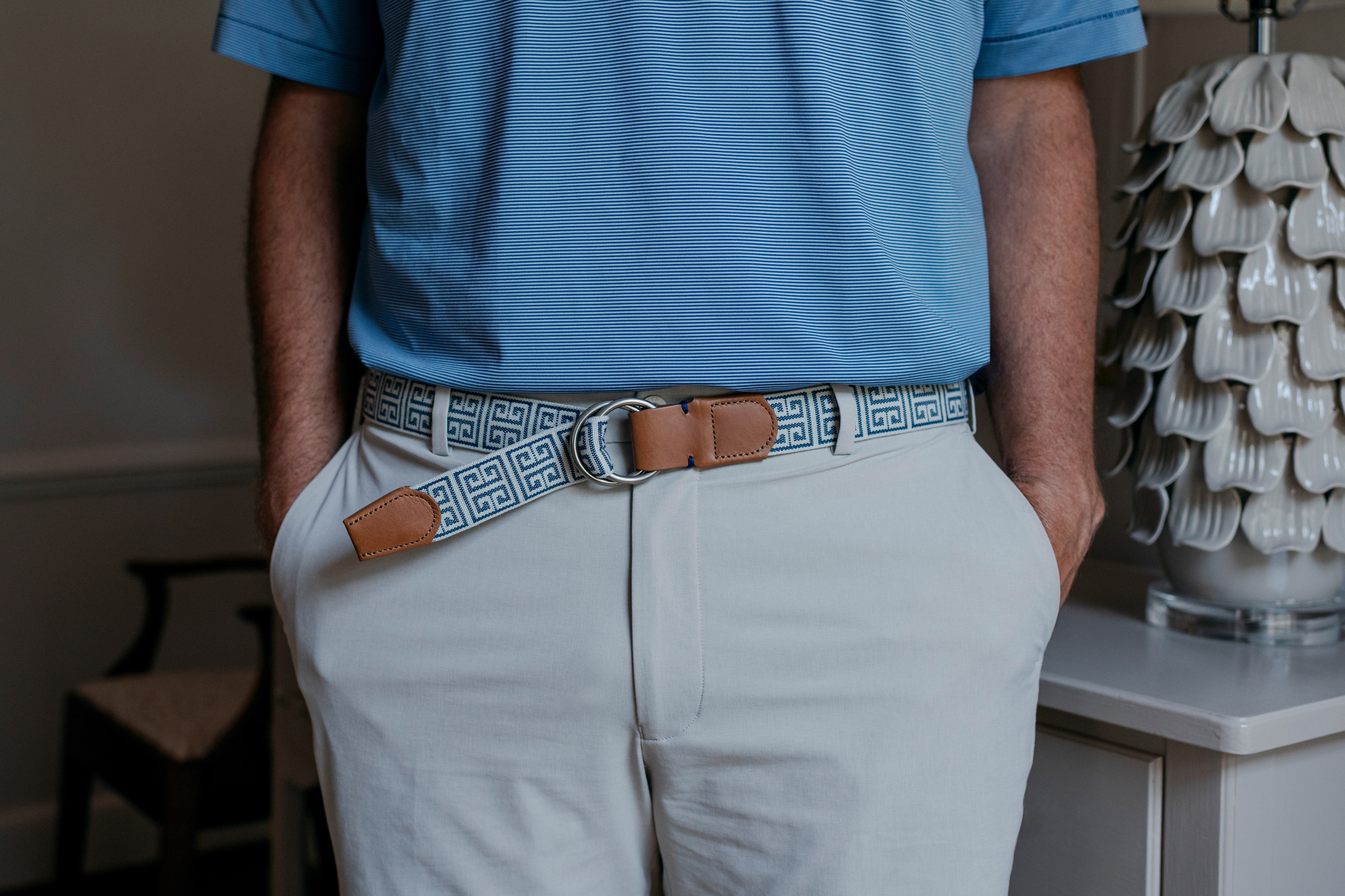 Palm Beach O-Ring Woven Belt - Stone/Navy